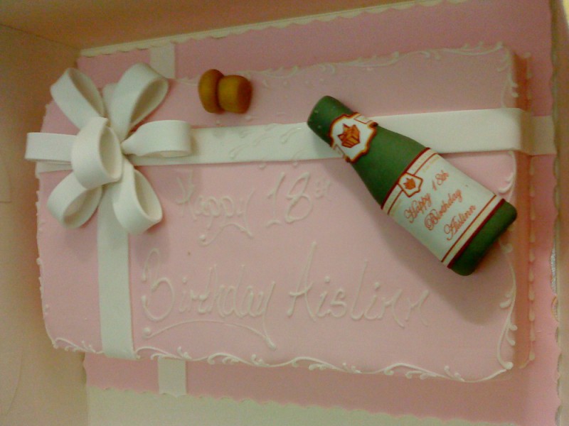 18th Birthday present Cake with Champagne Bottle and sugarpaste bow